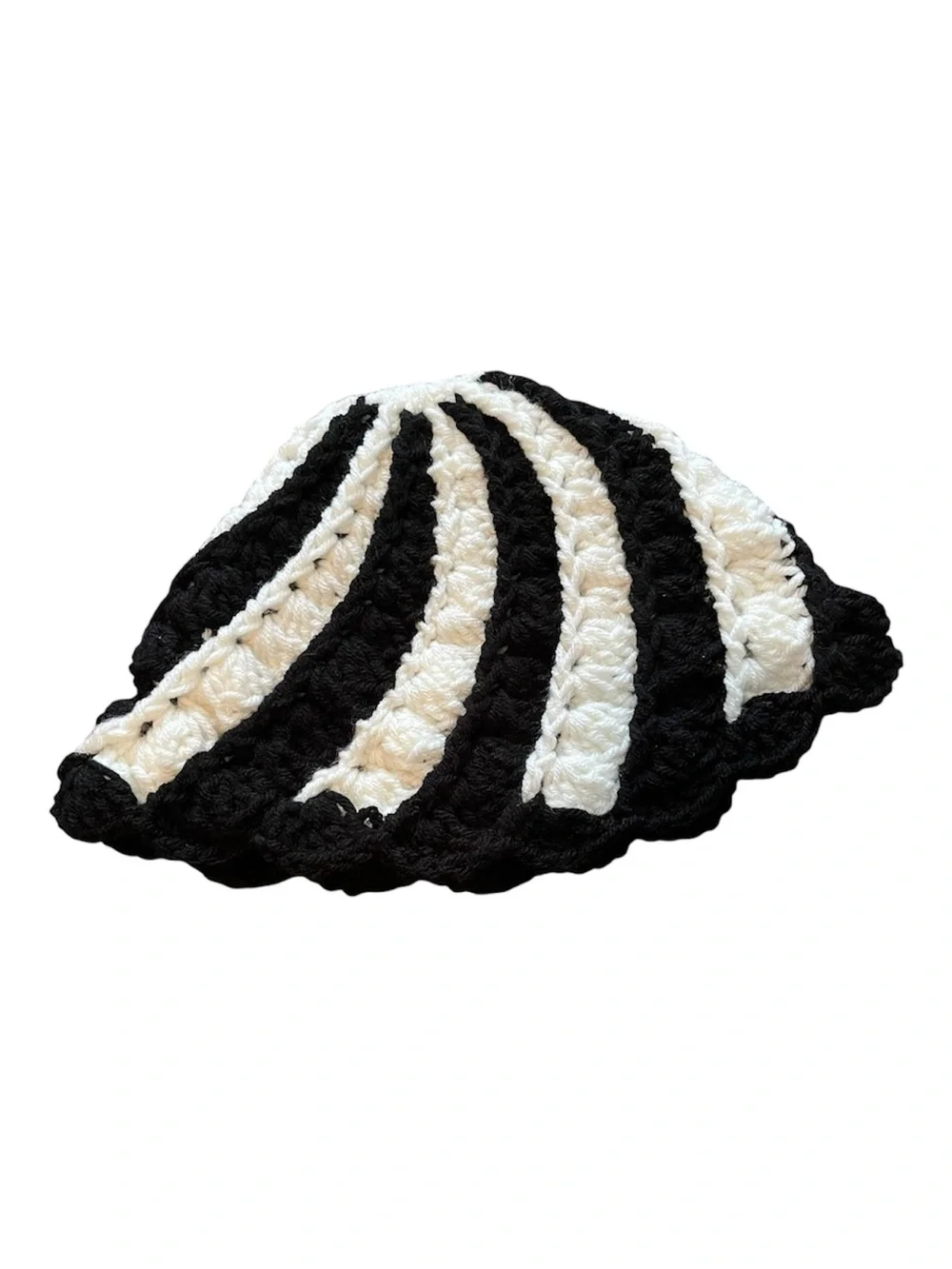 Handmade Black & White Crochet Beanie Adult XL Stretch Knit Hat Boho Cottagecore